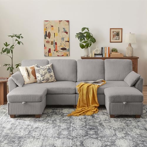 Image of Sectional Sofa with Dual Storage Ottomans, 4 Seat U Shaped Couches for Living Room: Soft Corduroy | Double Movable Chaise Ottoman | Modern Reversible Convertible Couch Set, Light Grey