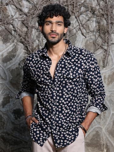 Image of Thomas Scott Men Slim Fit Pure Cotton Corduroy Floral Printed Semi-Formal Shirt