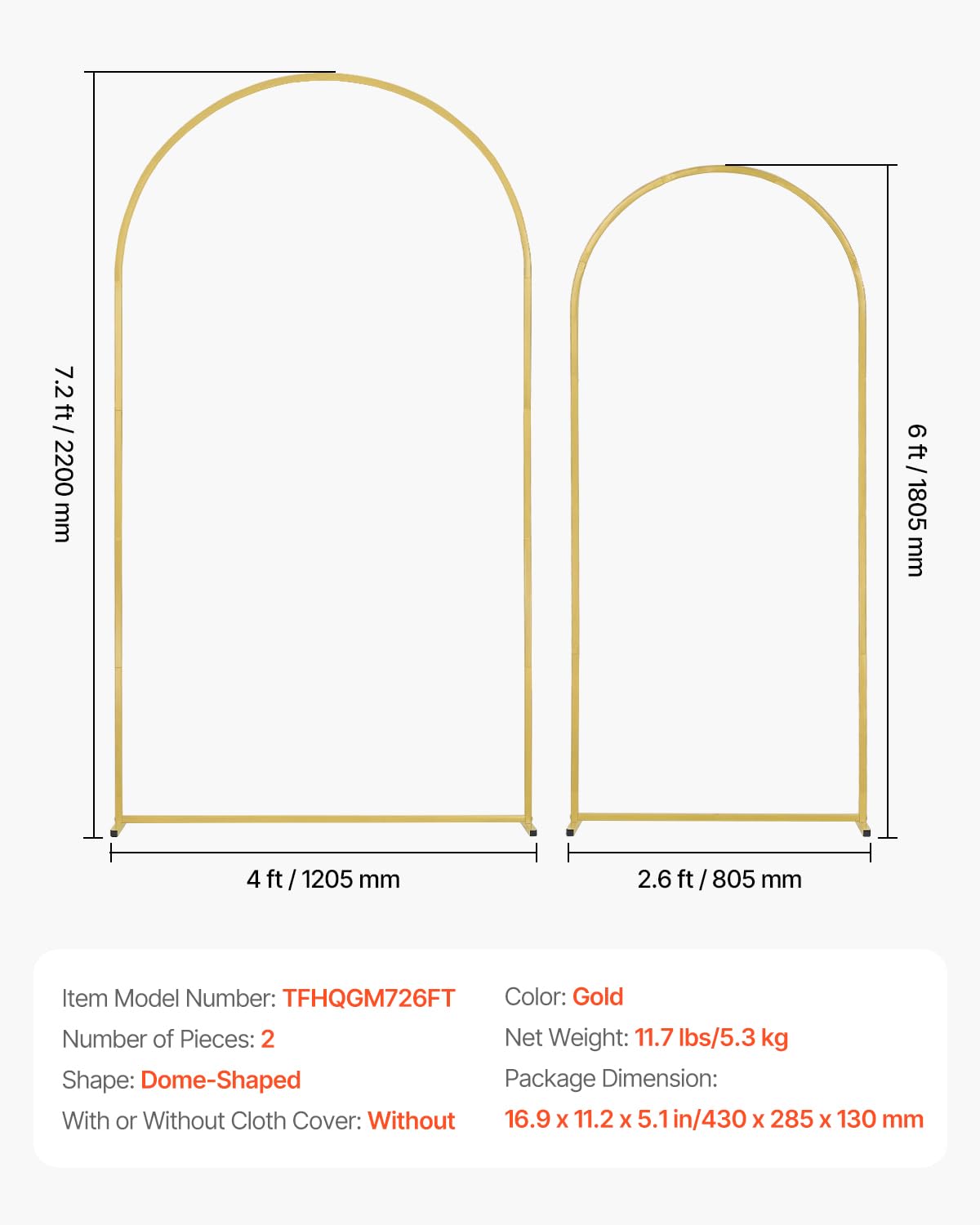VEVOR Support de Fond Arche de Mariage, Lot de 2, Support Stable Métal, 2200 mm, 1805 mm, Barre Transversale de Châssis, Facile à Assembler, pour Anniversaire, Célébration, Cérémonie, Fêtes, Doré