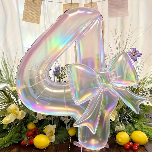 40" Large Clear Rainbow Number 4 Balloon with Bow for 4th Birthday Decor