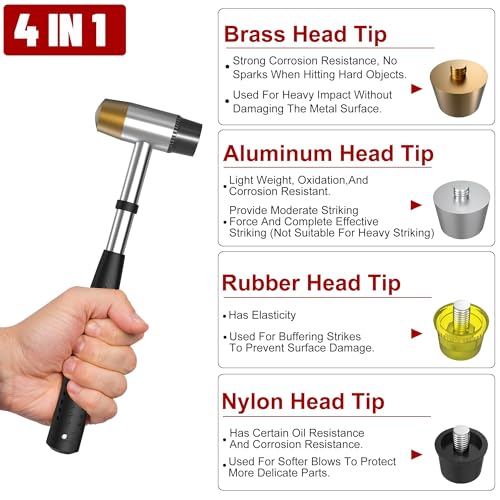 Image of Small Brass Hammer with 4 Interchangeable 1-Inch Heads: Brass, Nylon, Aluminum, Rubber, Hammer Mallet for Jewelry, DIY Projects and More (2 Pack)