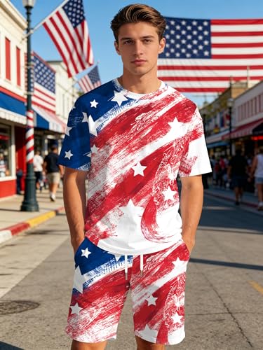 Image of Ithalt Patriotic Shirts for Men 4th of July Outfit 2 Piece Set Short Sleeve and Shorts American Flag 250th Anniversary