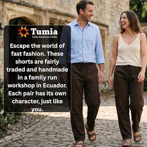 Tumia LAC Bawełniane spodnie unisex Fair Trade - lekkie letnie spodnie boho z elastycznym ściągaczem w talii - ręcznie robione spodnie w Ekwadorze, Brązowy, M