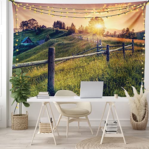 Ambesonne Europe Tapestry, Morning Sunbeams Over Countryside Farmhouse Colorful Sky Carpathian Ukraine, Wide Wall Hanging For Bedroom Living Room Dorm, 60" X 40", Green Salmon #TOP5