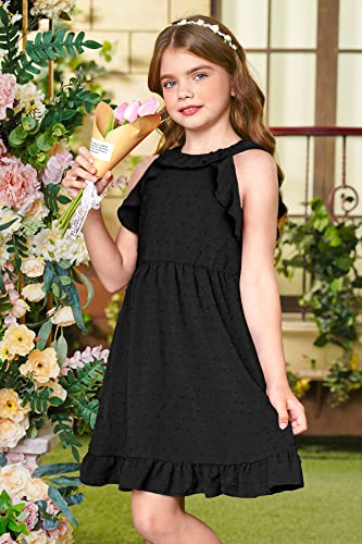 Besserbay Child Girls Cold Shoulder Ruffle Sleeveless Halter Dress Swiss Dot Black Tween Tunic Dress 9-10 Years #TOP3