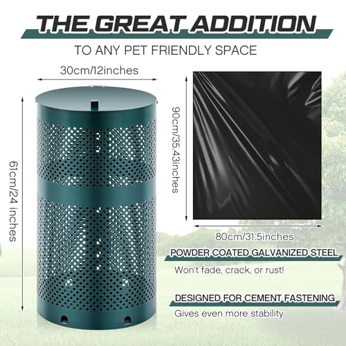 Image of Dansydaisy Dog Waste Station Outdoor Round 10 Gallon Dog Poop Trash Can with Lid and 100 Liner Bags, Rustproof UV Powder Coated - Designed to Mount on Wall Post (Green)