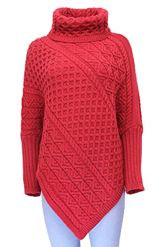 Aran Crafts Women's Soft Cowl Neck Poncho, 100% Super Soft Merino Wool, Authentic & Traditional, Classic Fisherman Sweater-Style Knit, Made In Ireland, Cw5224-S/M-Red #TOP5