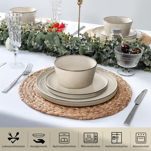 Homikit Geschirr Set, 18-tlg Steinzeug Geschirrset 6 Personen, Reaktive Glasur Tafelservice mit Dessertteller Müslischüsseln Speiseteller, Mikrowellen- und Spülmaschinenfest, Kratzfest, Stilvoll Khaki