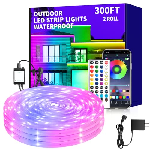 vimeepro 300 ft Outdoor LED Strip Lights Waterproof,IP68 Waterproof LED Light Strips with Remote,App Control Music Sync RGB Outdoor LED Rope Lights,LED Lights for Bedroom,Roof,Deck,（2 Rolls of 150ft）