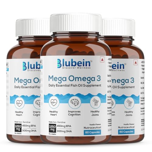Image of Blubein Mega Omega 3 Fish Oil Capsules for Men & Women, Triple Strength with 1250 mg (450 mg EPA & 300 mg DHA) for Muscle Recovery, Healthy Heart, Joints & Brain - 60 Capsules x Pack of 3