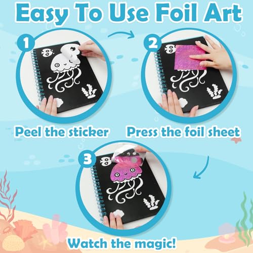 Image of FUNNYB&G Foil Art Craft Kit for Kids 4-10 Years Old: Mess-Free & No-Glue, Create 16 Sparkly Ocean Pictures - Perfect Travel Toy & Birthday Gift for Kids (Ocean)