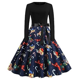 NJGRAE Robe Ete Femme Jupe Taille Haute Rouge Femmes Robes Vintage Manches Longues Noël imprimé Cou Rond 1950 Femme au Foyer soirée soirée Robe de Bal