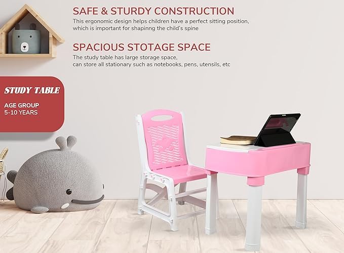 KITCHIVO™ Kids Functional Desk Chair Set 3-12years Boys Girls/Kids Study Table with Height Adjustable/Study Table with Bookholder (Pink & White) 3