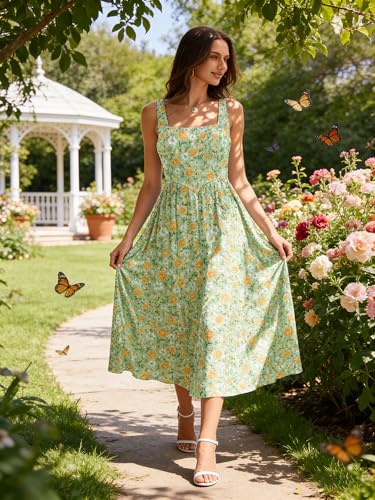 Image of Sureple Midi Dresses for Women 2026 Spring Square Neck Tank Sleeveless A Line Casual Summer Sundresses with Pockets