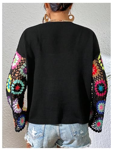 Women's Floral Hollow Out Crochet Cardigan Sweater Long Sleeve Open Front Boho Knit Tops2