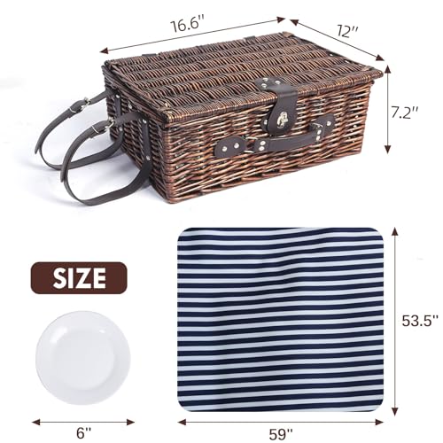 HYBDAMAI Picnic Basket for 4 Persons with Waterproof Picnic Blanket and Insulated Cooler, Large Wicker Picnic Basket for Camping, Outdoors, Valentine\'s Day, Christmas, Birthday, Wedding Gift