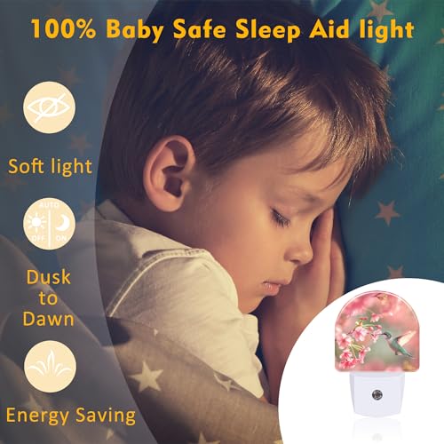 Image of Hummingbird with Cherry Blossoms Night Light Plug into Wall, Pink Flowers Bird Dusk to Dawn Night Light,0.5w Energy Saving Sleep Friendly Nightlight for Kids Boys Girls Home