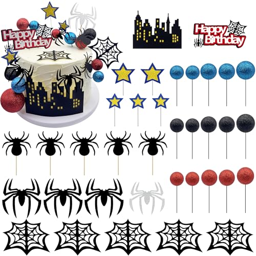 Firleayo 36pcs Spider Cake Topper Spider Web Cake Decoration Spider Themed Cake Decorations Glitter Red Blue Black Balls City Star Cupcake Topper for Boys Men Birthday Party Baby Shower Supplies
