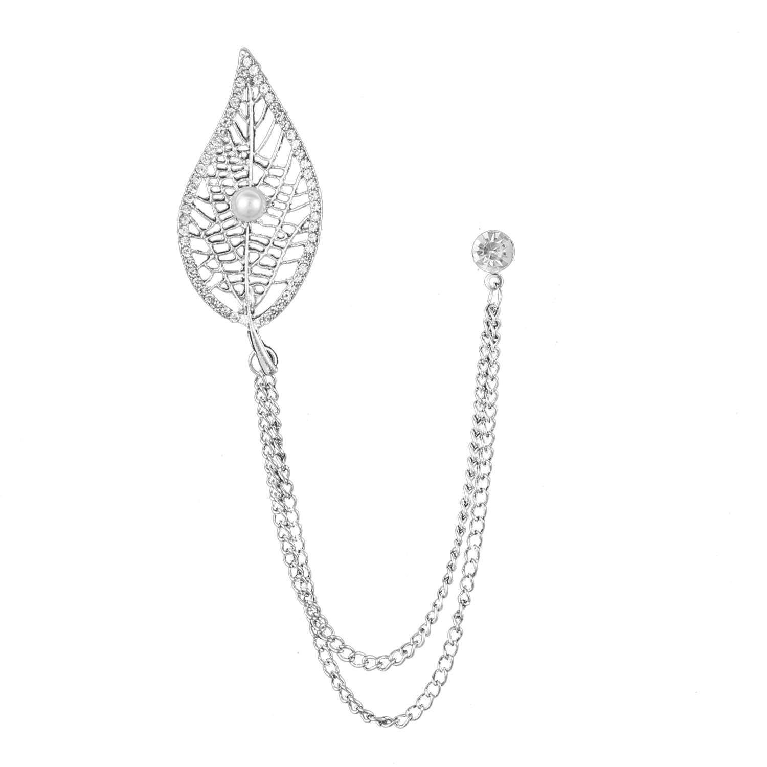 peora Silver Plated Cubic Zirconia Beads Studded Leaf Double Chain Pin Brooch Elegant Jewellery for Men-picture-20