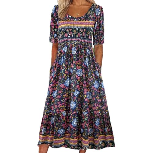 Image of Women's Boho Floral Maxi Dress Casual Boho 2026 Summer Short Sleeve Beach Dresses with Pockets