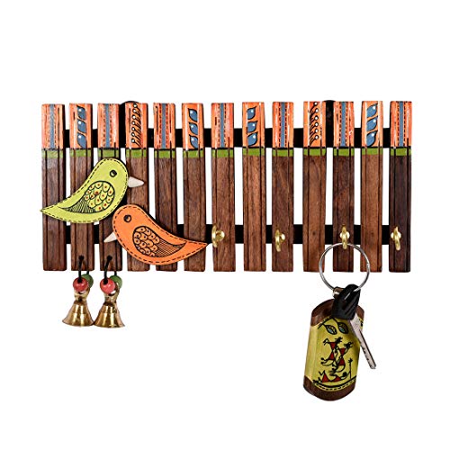 Image of Aakriti Art Creations Key Holder, Handcrafted Tribal Art Wooden Strips & Birds Key Hanger | Rustic Wood Wall Organizer with 4 Hooks | Storage Shelf For Keys, Hats | Multifunctional Entryway Decor Item