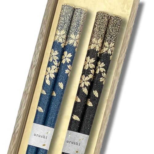 橋本幸作漆器店 桜ふぶき 2膳セット 輪島うるし箸 乾漆仕上げ 桐箱入り 日本製 高級 滑りにくい 夫婦箸 お揃い ペア ギフト 記念日 プレゼント (青, 黒)