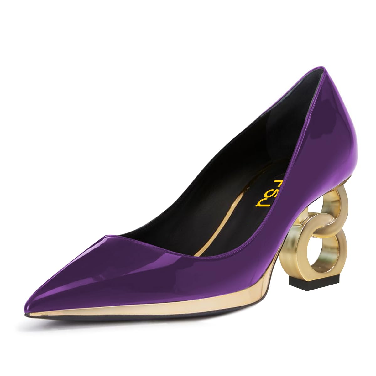 FSJ Women Classic Gold Chain Chunky Heel Pumps Pointed Toe Slip On High Heel Ladies Office Fashion Comfy Evening Shoes Size 4-16 US