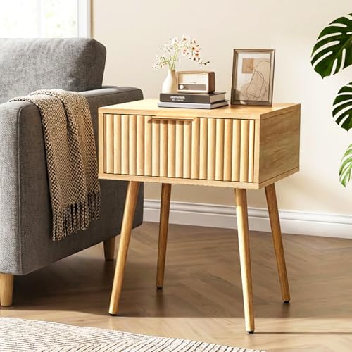 Image of VINGLI Nightstands Set of 2, Fluted Night Stand with Drawer, Bedside Table, Wood Nightstand for Bedroom, Mid Century Modern End Tables, Natural Oak, 18.9 inch W*14.96 inch D*24 inch H