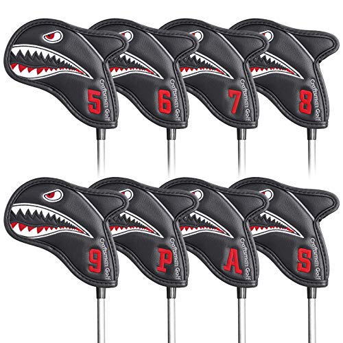 Craftsman Golf Vivid Shark Bordado con aleta 3D 8 piezas (5,6,7,8,9,P,A,S Black Iron Headcover Set con Large Red No Cover