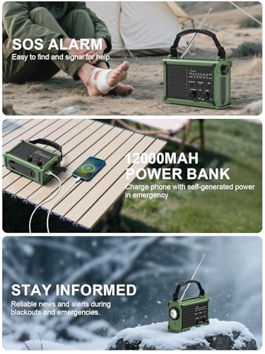 ROCAM ROCAM Kurbelradio,12000mAh Notfallradio mit 8500mm² Solarpanel & 650mA Kurbel, Tragbar Solar Weltempfänger Radio mit AM/FM Empfang, LED Taschenlampe & Leselicht,USB, SOS für Camping, Notfälle&Blackout - Detailansicht 8 | TV | Video | Foto