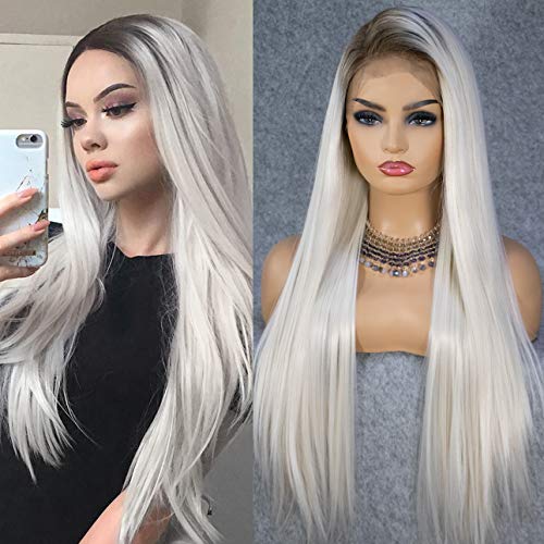 K'ryssma 13x6 Deep Free Parting Ombre Blonde Lace Front Wig Natural Hairline Long Silk Straight Synthetic Wig for Women Dark Roots Platinum Blonde Wig 24 inches