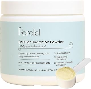 Perelel Hydrating Powder, Electrolyte Supplement with Collagen & Hyaluronic Acid, Mango Lemonade Flavor, Soy & Gluten Free, Non-GMO, No Added Sugar, 28 Servings
