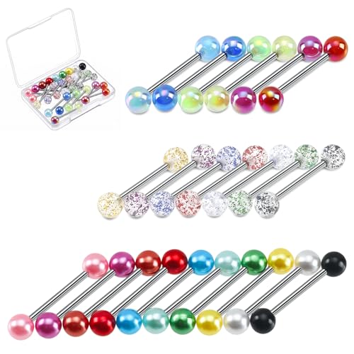 Hufopik 23pcs 14G Mix-Color Stainless Steel Straight Barbell Tongue Rings Bars Piercing 5/8 Length Acrylic Flexible Retainer Body Jewelry For Women Men