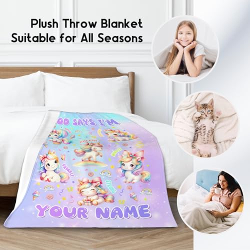 Custom Unicorn Blanket, Cozy Soft Throw Gifts for Girls, 40x50 Inch Cute Flannel Blanket for Unicorn Lovers, God Says I Am Throw Blankets for Couch Sofa