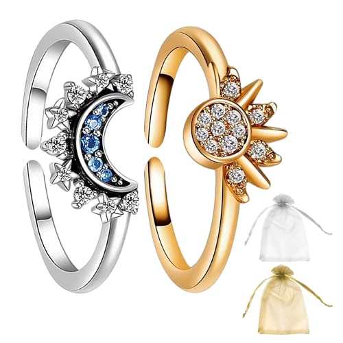 NyxSeat 2 piezas anillos de pareja, 2 piezas bolsas de muselina, anillos de sol y luna, anillos de pareja, anillos celestiales apilables, anillos de regalo para novias, adecuados para compromiso, boda