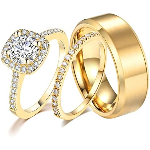 Ahloe Jewelry CEJUG 1.5Ct Cz Wedding Ring Sets for Him and Her Womens Mens Titanium Stainless Steel Rings Bands 18k Gold Couple Rings Size 12&8 Cover