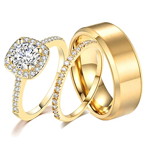 CEJUG 1.5Ct Cz Wedding Ring Sets for Him and Her Womens Mens Titanium Stainless Steel Rings Bands 18k Gold Couple Rings