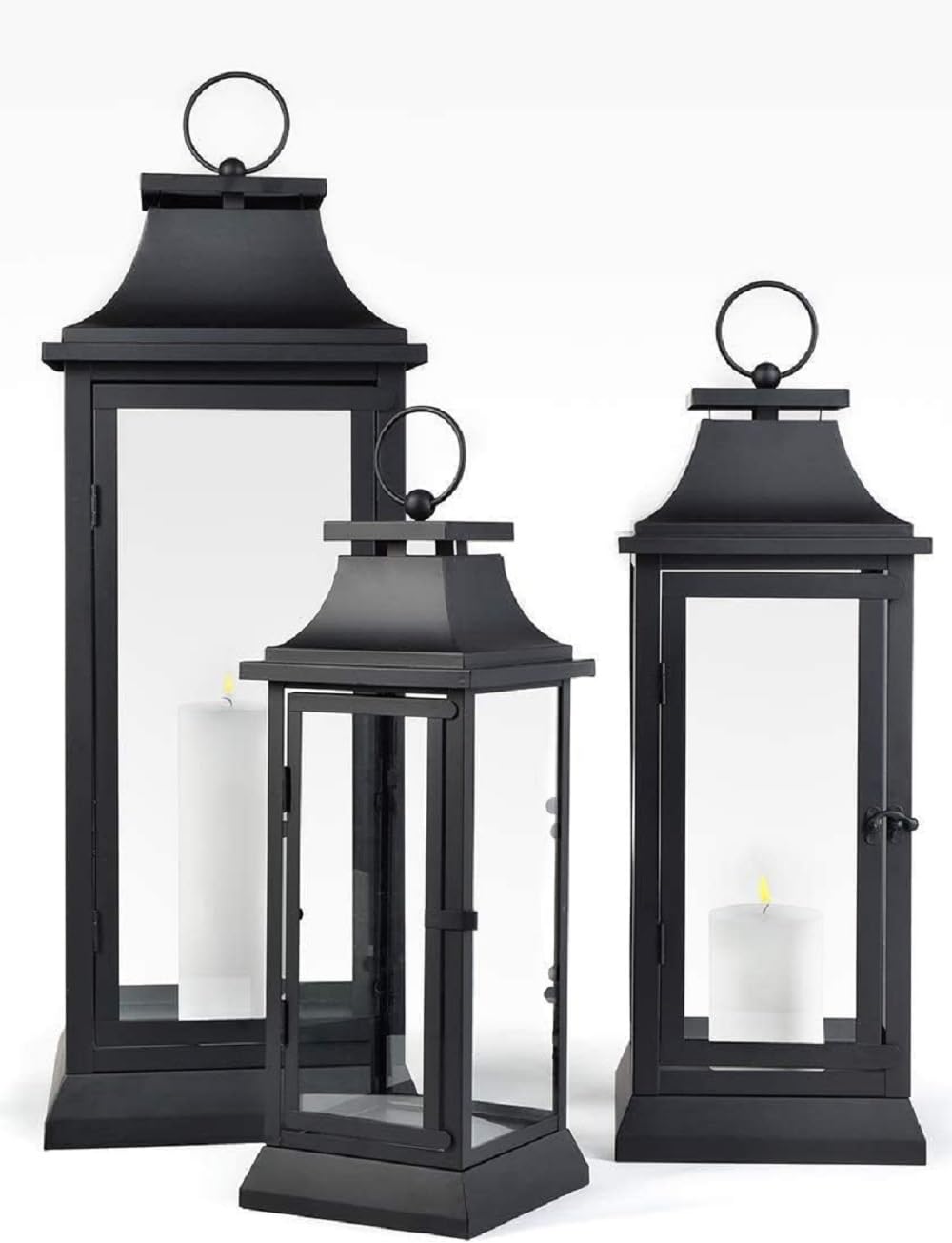 serene spaces living black hurricane lanterns with clear glass panels, perfect for home decor, parties & events, table top or hanging lantern for indoor & outdoor, kit - small, medium & large