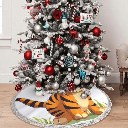 Tapis de sapin de Noël 121cm design tigre à pompons pour décoration chic
