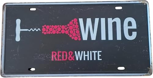 Wine Red & White Vintage Metal License Plate Sign, Black with Corkscrew Design, 15x30 cm Wall Decor