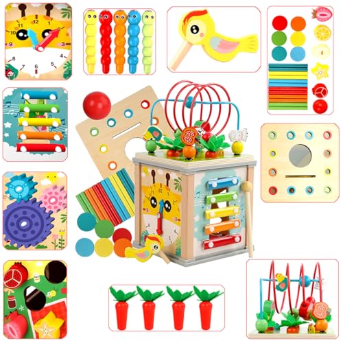 Image of ALaLatois Toddlers Montessori Wooden Educational Toys, Wooden Baby Activity Cube,10 in 1 Carrot Pulling Baby Toy Gifts for 1+ Year Old Girls & Boys, Animal Shape Sorting Cube Toys for Kids