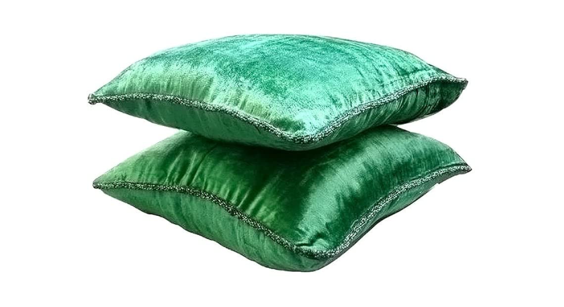 The HomeCentric Emerald Green Cushion Cover Pack of 2, 45x45 cm (18"x18"), Solid Contemporary Decorative Velvet Beaded Cord Cushion Cover, Square Throw Velvet Pillow Cover, Solid - Green Shimmer