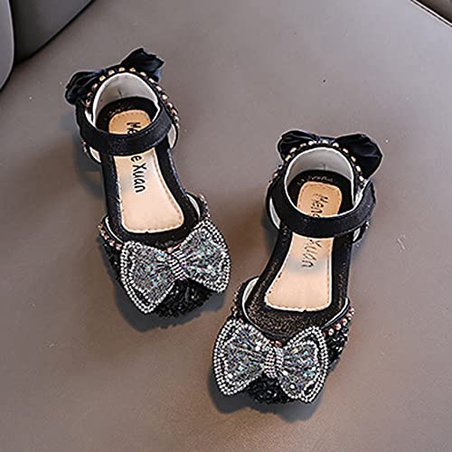 Girls' Sandals Fashion Spring and Summer Girls' Sandals Dress Dance Show Princess Shoes Flat Bottom Rhinestone Mesh Bow (Black-1, 2 Big Kids)4