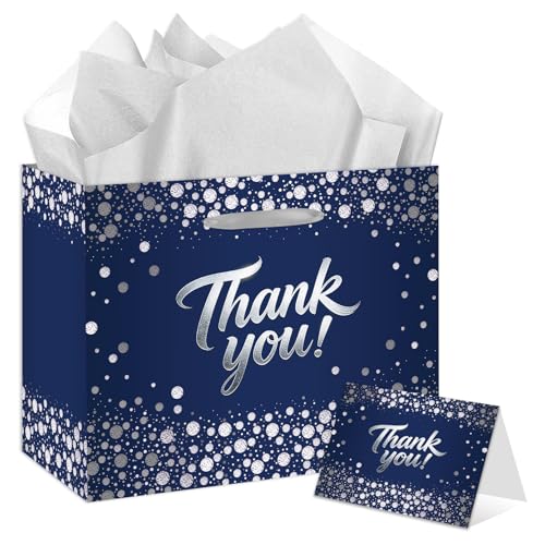 Large Thank You Gift Bag - Blue Silver Gift Wrapping Paper Bag with Tissue Paper and Greeting Card with Envelope - Elegant Silver Foil Design for Weddings Baby Showers Graduation and Corporate Events
