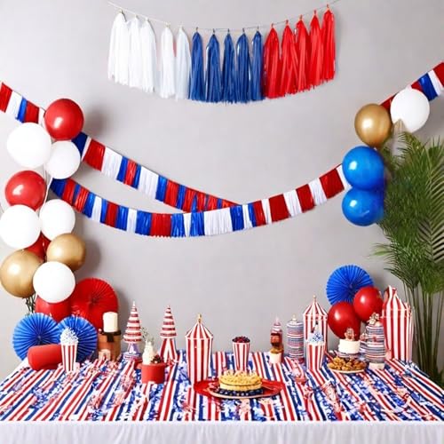 Image of 15pcs Red Blue White Tassel Garland Banner Tissue Paper Tassels for 4th /Fourth of July Patriotic Decorations