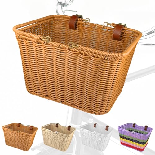 Bike Basket Front, Large Wicker Baskets for Bike, Hand-Woven Bicycle Basket with Iron Framework,...