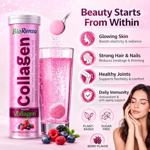 Image of Collagen Effervescent Tablets For Skin Glow | With Vitamin C, Hyaluronic Acid & Resveratrol | Mix Berry Flavor | Skin Hydration & Anti-Aging Support | Vegan Beauty Supplement For Women & Men | 15 Tablets Each (Pack Of 6)