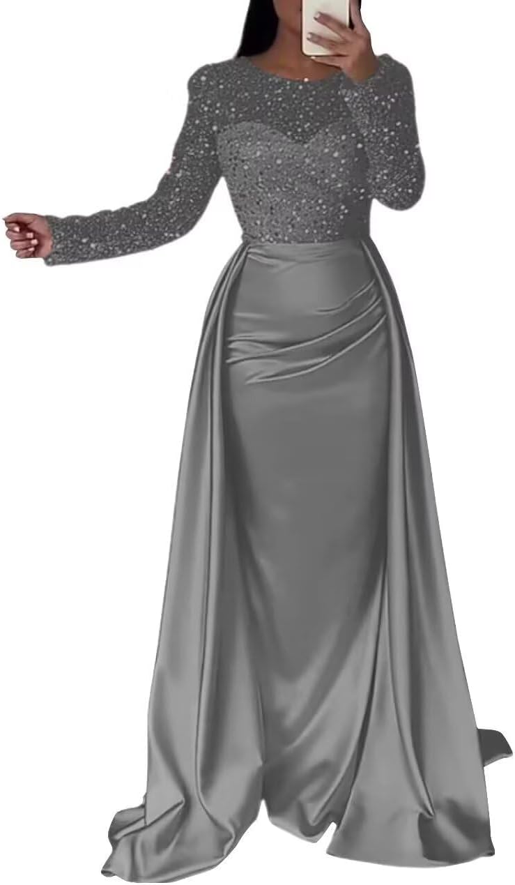 Long Sleeve Satin Prom Dresses Long Mermaid Sequin Formal Wedding Guest Evening Gowns with Train XPD02