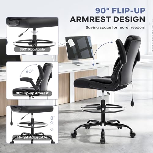 Morkprism Leather Drafting Chair, Tall Office Chair for Standing Desk, High Executive Office Chair with Inflatable Lumbar Support,Adjustable Height,Flip-up Armres and Foot Ring Studio Chair Black by Morkprism - Image 7