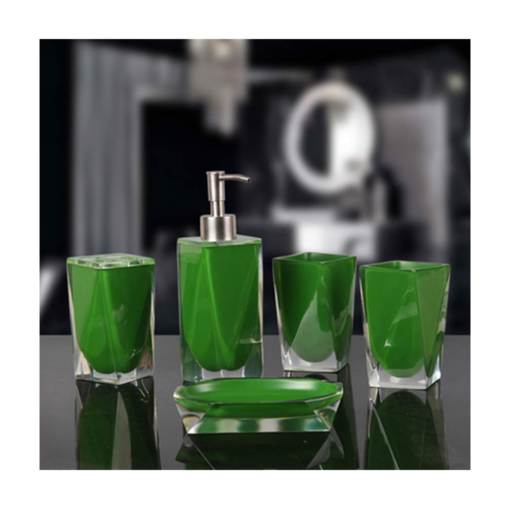 Juego de Accesorios de Baño de Resina Conjunto de Baño con Porta Cepillo de Dientes, 2 Tazas, Dispensador de Jabón Líquido, Jabonera,Verde